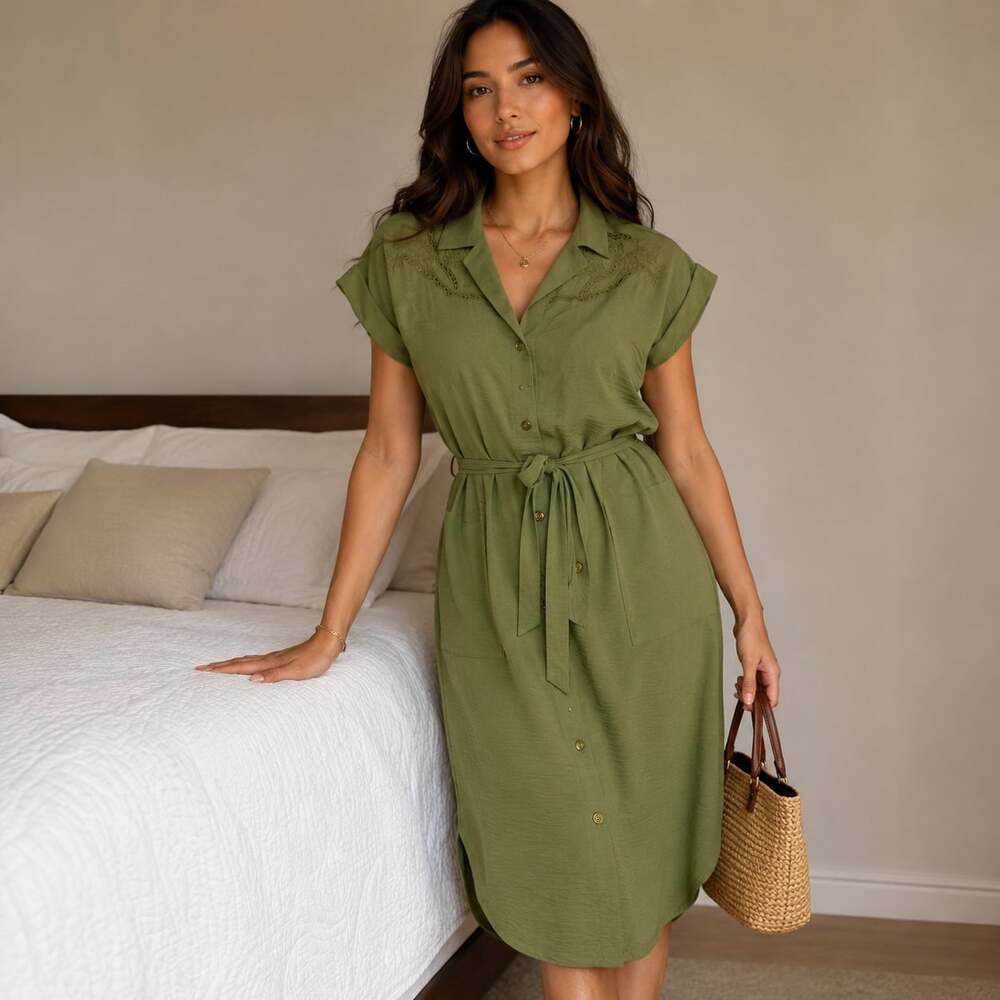 Como Blu Olive Green Embroidered Button-Down Shirt Dress CCL0509LMC4